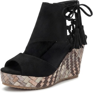 image:imageAllegra K Women Plaid Side Zipper LaceUp Peeptoe Platform Sandals  Perforated upper with rhinestones Air circulation keeps feet cool Classic preppy charm Tie designBlack