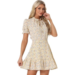 image:imageAllegra K Womens Floral Chiffon Dress 2026 Summer Casual Tie Neck Puff Short Sleeve Tiered Ruffle Smock Mini DressesApricot White