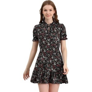 image:imageAllegra K Womens Floral Chiffon Dress 2026 Summer Casual Tie Neck Puff Short Sleeve Tiered Ruffle Smock Mini DressesBlackwhite