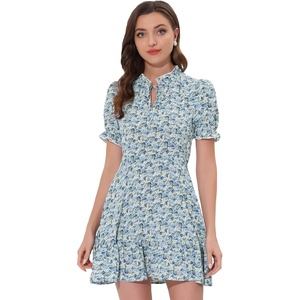image:imageAllegra K Womens Floral Chiffon Dress 2026 Summer Casual Tie Neck Puff Short Sleeve Tiered Ruffle Smock Mini DressesBluewhite