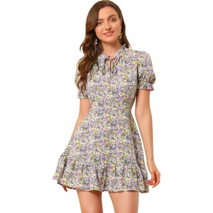 image:imageAllegra K Womens Floral Chiffon Dress 2026 Summer Casual Tie Neck Puff Short Sleeve Tiered Ruffle Smock Mini DressesPurple