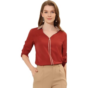 image:imageAllegra K Work Office Shirt for Womens Contrast V Neck Collared Roll Up Long Sleeve Chiffon Blouse