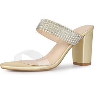 image:imageAllegra K Womens Rhinestones Heel Dual Clear Strap Chunky Heels Slide Sandals