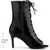 image:imageAllegra K Women Faux Leather Lace Up Peep Toe Stiletto Heel Ankle Boots  Pointed toe silhouette Comfortable toe room Versatile for daily wear ABS outsole constructionBlack