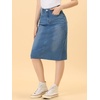 image:imageAllegra K Womens Casual Jean Skirt Raw Hem Stretch High Waist Denim Skirts  Below the Knee Classic Denim Fabric H Line Trendy Fashion Casual Midi Length Western OutiftsJean Blue
