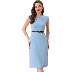 image:imageAllegra K Business Dress for Womens 2026 Belted Office Work Sheath Dress  Elegant Cap Sleeve DressLight Blue