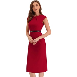 image:imageAllegra K Business Dress for Womens 2026 Belted Office Work Sheath Dress  Elegant Cap Sleeve DressRed