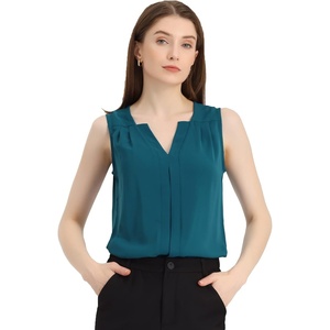 image:imageAllegra K Sleeveless Work Top for Women Summer Dressy Tank Top Pleated V Neck Business Casual Blouse ShirtPeacock Blue