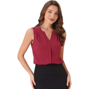 image:imageAllegra K Sleeveless Work Top for Women Summer Dressy Tank Top Pleated V Neck Business Casual Blouse ShirtRed