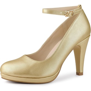image:imageAllegra K Women Low Platform Round Toe Stiletto Heels Ankle Strap Pumps  Pumps With Closed Toe 3 78 inches Heel Comfortable Heel Pump Summer Dress Shoes for Party OfficeGold