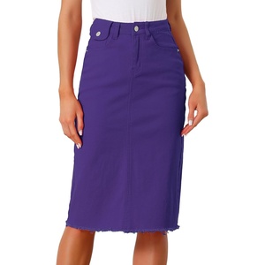 image:imageAllegra K Womens Casual Jean Skirt Raw Hem Stretch High Waist Denim Skirts  Below the Knee Classic Denim Fabric H Line Trendy Fashion Casual Midi Length Western OutiftsPurple