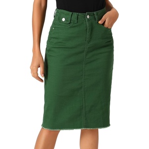 image:imageAllegra K Womens Casual Jean Skirt Raw Hem Stretch High Waist Denim Skirts  Below the Knee Classic Denim Fabric H Line Trendy Fashion Casual Midi Length Western OutiftsGreen
