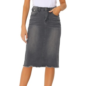 image:imageAllegra K Womens Casual Jean Skirt Raw Hem Stretch High Waist Denim Skirts  Below the Knee Classic Denim Fabric H Line Trendy Fashion Casual Midi Length Western OutiftsGrey