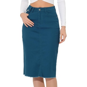 image:imageAllegra K Womens Casual Jean Skirt Raw Hem Stretch High Waist Denim Skirts  Below the Knee Classic Denim Fabric H Line Trendy Fashion Casual Midi Length Western OutiftsPeacock Blue