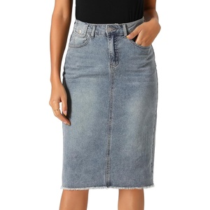 image:imageAllegra K Womens Casual Jean Skirt Raw Hem Stretch High Waist Denim Skirts  Below the Knee Classic Denim Fabric H Line Trendy Fashion Casual Midi Length Western OutiftsGrey Blue