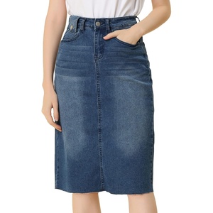 image:imageAllegra K Womens Casual Jean Skirt Raw Hem Stretch High Waist Denim Skirts  Below the Knee Classic Denim Fabric H Line Trendy Fashion Casual Midi Length Western OutiftsMblue
