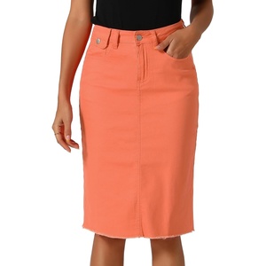image:imageAllegra K Womens Casual Jean Skirt Raw Hem Stretch High Waist Denim Skirts  Below the Knee Classic Denim Fabric H Line Trendy Fashion Casual Midi Length Western OutiftsRed Orange