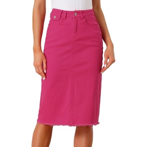 image:imageAllegra K Womens Casual Jean Skirt Raw Hem Stretch High Waist Denim Skirts  Below the Knee Classic Denim Fabric H Line Trendy Fashion Casual Midi Length Western OutiftsHot Pink