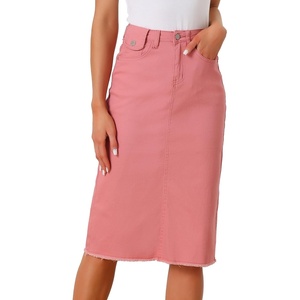image:imageAllegra K Womens Casual Jean Skirt Raw Hem Stretch High Waist Denim Skirts  Below the Knee Classic Denim Fabric H Line Trendy Fashion Casual Midi Length Western OutiftsPink