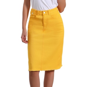 image:imageAllegra K Womens Casual Jean Skirt Raw Hem Stretch High Waist Denim Skirts  Below the Knee Classic Denim Fabric H Line Trendy Fashion Casual Midi Length Western OutiftsYellow