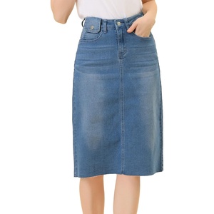image:imageAllegra K Womens Casual Jean Skirt Raw Hem Stretch High Waist Denim Skirts  Below the Knee Classic Denim Fabric H Line Trendy Fashion Casual Midi Length Western OutiftsJean Blue