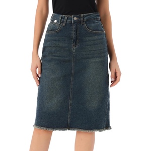 image:imageAllegra K Womens Casual Jean Skirt Raw Hem Stretch High Waist Denim Skirts  Below the Knee Classic Denim Fabric H Line Trendy Fashion Casual Midi Length Western OutiftsVintage Grey Blue