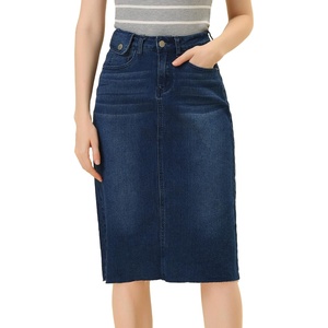 image:imageAllegra K Womens Casual Jean Skirt Raw Hem Stretch High Waist Denim Skirts  Below the Knee Classic Denim Fabric H Line Trendy Fashion Casual Midi Length Western OutiftsDark Blue