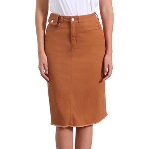 image:imageAllegra K Womens Casual Jean Skirt Raw Hem Stretch High Waist Denim Skirts  Below the Knee Classic Denim Fabric H Line Trendy Fashion Casual Midi Length Western OutiftsRust Brown
