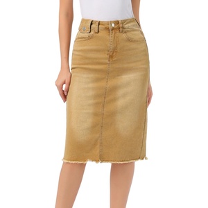 image:imageAllegra K Womens Casual Jean Skirt Raw Hem Stretch High Waist Denim Skirts  Below the Knee Classic Denim Fabric H Line Trendy Fashion Casual Midi Length Western OutiftsWashed Khaki