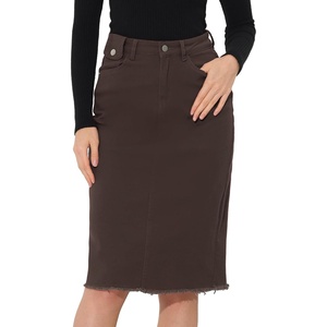 image:imageAllegra K Womens Casual Jean Skirt Raw Hem Stretch High Waist Denim Skirts  Below the Knee Classic Denim Fabric H Line Trendy Fashion Casual Midi Length Western OutiftsDark Brown