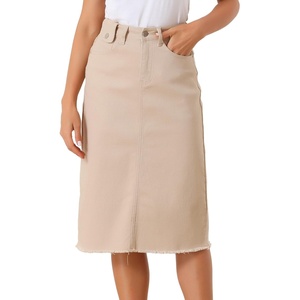 image:imageAllegra K Womens Casual Jean Skirt Raw Hem Stretch High Waist Denim Skirts  Below the Knee Classic Denim Fabric H Line Trendy Fashion Casual Midi Length Western OutiftsApricot