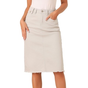 image:imageAllegra K Womens Casual Jean Skirt Raw Hem Stretch High Waist Denim Skirts  Below the Knee Classic Denim Fabric H Line Trendy Fashion Casual Midi Length Western OutiftsOyster White