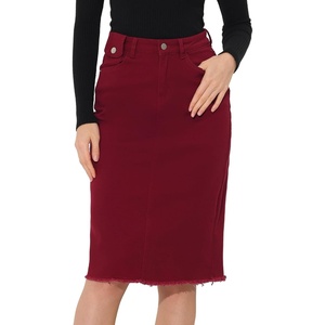 image:imageAllegra K Womens Casual Jean Skirt Raw Hem Stretch High Waist Denim Skirts  Below the Knee Classic Denim Fabric H Line Trendy Fashion Casual Midi Length Western OutiftsDark Red
