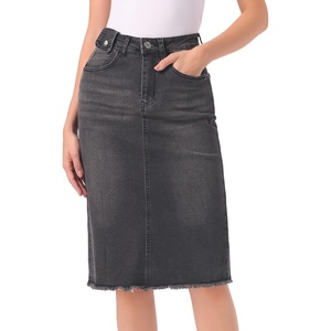 image:imageAllegra K Womens Casual Jean Skirt Raw Hem Stretch High Waist Denim Skirts  Below the Knee Classic Denim Fabric H Line Trendy Fashion Casual Midi Length Western OutiftsBlack
