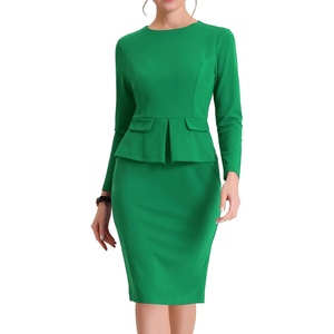 image:imageAllegra K Womens Long Sleeve Office Work Peplum Sheath Dress  Crew Neck Bellow the Knee Dressy Casual Business Formal Outfits Professional Interview OutfitsGreen