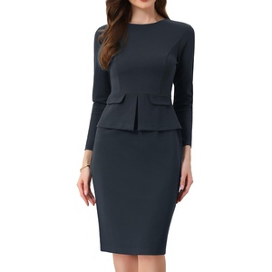 image:imageAllegra K Womens Long Sleeve Office Work Peplum Sheath Dress  Crew Neck Bellow the Knee Dressy Casual Business Formal Outfits Professional Interview OutfitsDark Gray