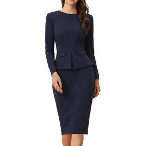 image:imageAllegra K Womens Long Sleeve Office Work Peplum Sheath Dress  Crew Neck Bellow the Knee Dressy Casual Business Formal Outfits Professional Interview OutfitsNavy Blue