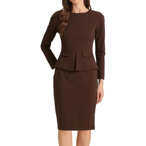 image:imageAllegra K Womens Long Sleeve Office Work Peplum Sheath Dress  Crew Neck Bellow the Knee Dressy Casual Business Formal Outfits Professional Interview OutfitsDark Brown