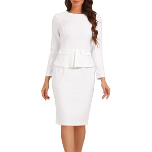 image:imageAllegra K Womens Long Sleeve Office Work Peplum Sheath Dress  Crew Neck Bellow the Knee Dressy Casual Business Formal Outfits Professional Interview OutfitsWhite