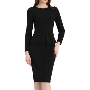 image:imageAllegra K Womens Long Sleeve Office Work Peplum Sheath Dress  Crew Neck Bellow the Knee Dressy Casual Business Formal Outfits Professional Interview OutfitsBlack