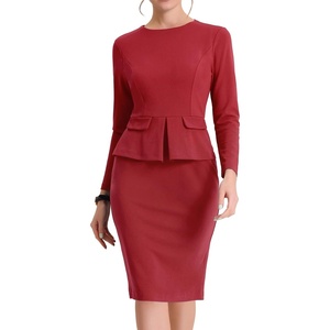 image:imageAllegra K Womens Long Sleeve Office Work Peplum Sheath Dress  Crew Neck Bellow the Knee Dressy Casual Business Formal Outfits Professional Interview OutfitsRed
