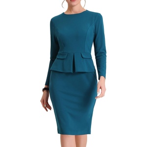 image:imageAllegra K Womens Long Sleeve Office Work Peplum Sheath Dress  Crew Neck Bellow the Knee Dressy Casual Business Formal Outfits Professional Interview OutfitsLake Blue