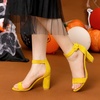 image:imageAllegra K Womens Open Toe Chunky High Heel Buckle Ankle Strap Sandals  3 38 inches Heels with Faux Suede Comfortable Block Heels Sandal for Women Summer Dressy ShoesYellow