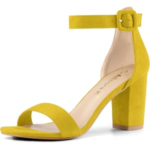 image:imageAllegra K Womens Open Toe Chunky High Heel Buckle Ankle Strap Sandals  3 38 inches Heels with Faux Suede Comfortable Block Heels Sandal for Women Summer Dressy ShoesYellow