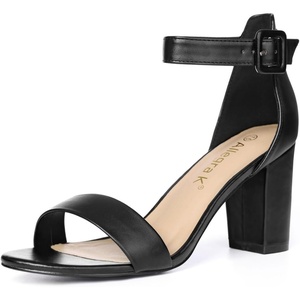 image:imageAllegra K Womens Open Toe Chunky High Heel Buckle Ankle Strap Sandals  3 38 inches Heels with Faux Suede Comfortable Block Heels Sandal for Women Summer Dressy ShoesBlackpu