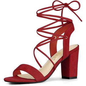 image:imageAllegra K Women Faux Suede Lace Up Block High Heels Slingback Sandals  ABS heel Padded insole for comfort Lacing closure Easy on One Strap design Slingback style Casual lookRed