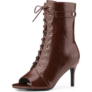 image:imageAllegra K Women Faux Leather Lace Up Peep Toe Stiletto Heel Ankle BootsBrown