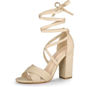 image:imageAllegra K Women Faux Suede Cushioned Open Toe Block Heeled Lace Up SandalsBeige