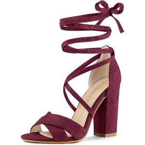 image:imageAllegra K Women Faux Suede Cushioned Open Toe Block Heeled Lace Up SandalsBurgundy