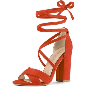 image:imageAllegra K Women Faux Suede Cushioned Open Toe Block Heeled Lace Up SandalsOrange